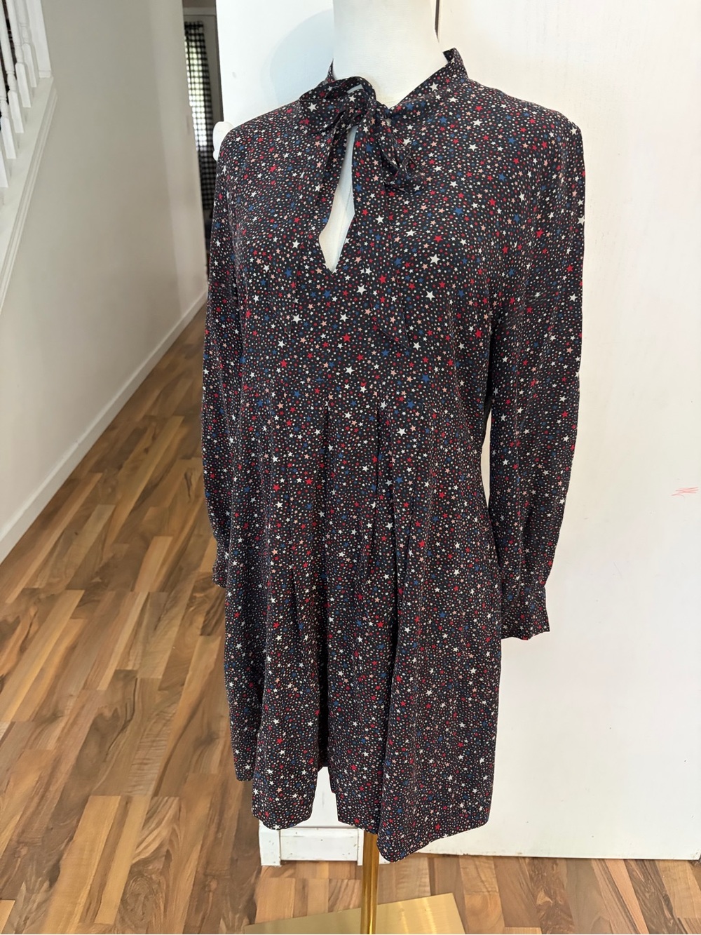 Madewell Navy Star-Print Long-Sleeve Tie-Neck Silk Dress, XS-S, EUC